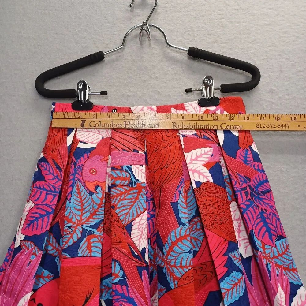 Womens Modcloth Small Tropical Floral Bird Print Pleated Umbrella Skirt